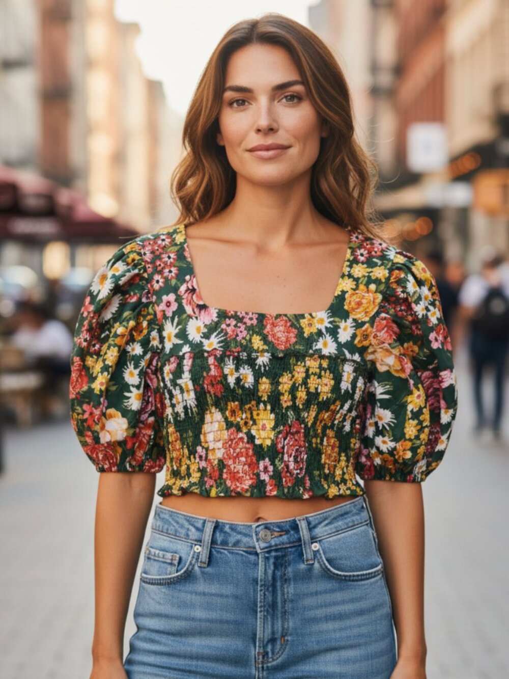 NWT ZARA 100% COTTON Floral Print Cropped Puff Sleeves Top